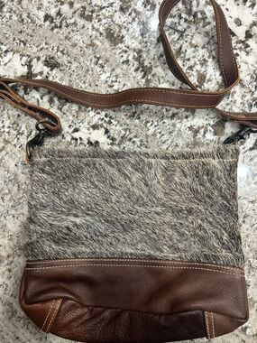 Myra Bag Brown Leather Crossbody with Gray Cowhide